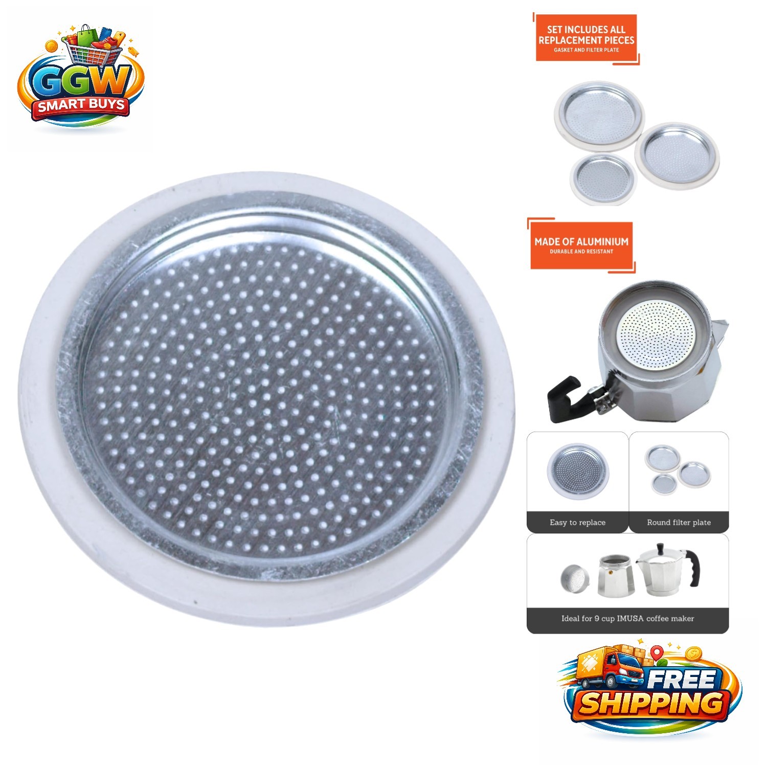 9 Cup Aluminum Gasket & Filter Set for Stovetop Espresso - Enhance Coffee Flavor gallery