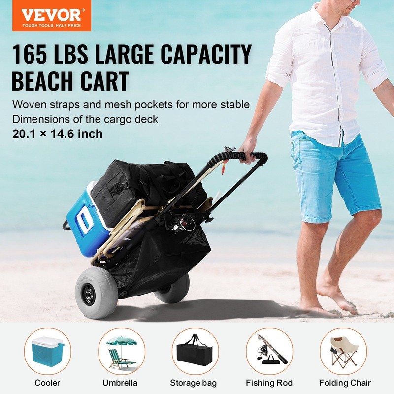 Effortless Push Beach Dolly, 165lb Load, 9" Balloon Wheels, Height Adjustable gallery