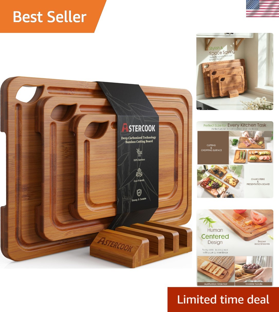 Reversible Bamboo Cutting Boards with Juice Grooves and Stylish Storage Stand gallery