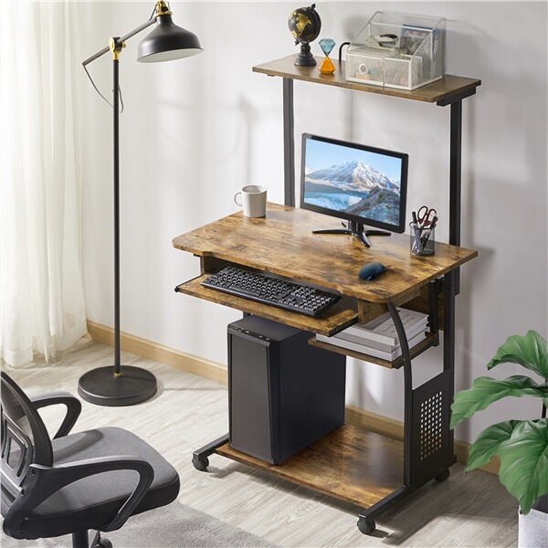 3 Tier Rolling Computer Desk w/Printer Shelf Keyboard Tray Rustic Mobile Desk gallery