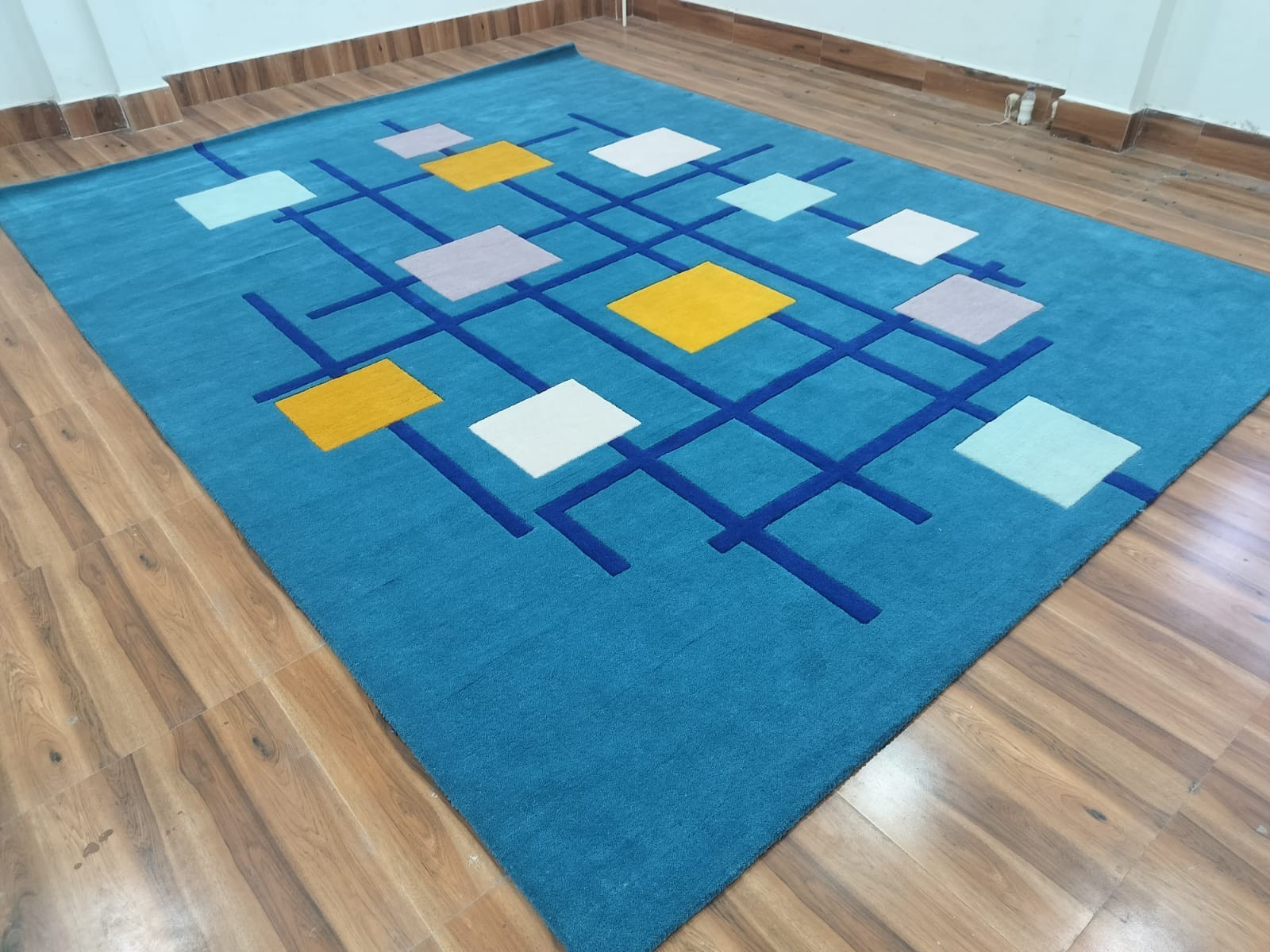 Hand Tufted Wool Area Rug Modern Geometric Teal Blue Yellow Squares Living Room gallery