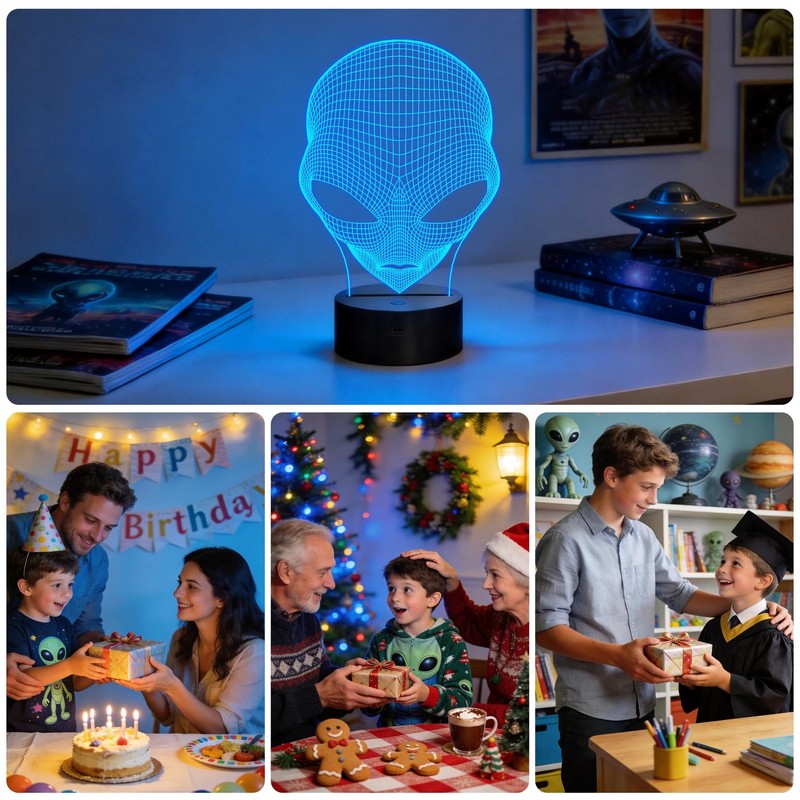 FULLOSUN 3D Night Light Alien Illusion Lamp, LED Martian Medium, Blue-Alien gallery