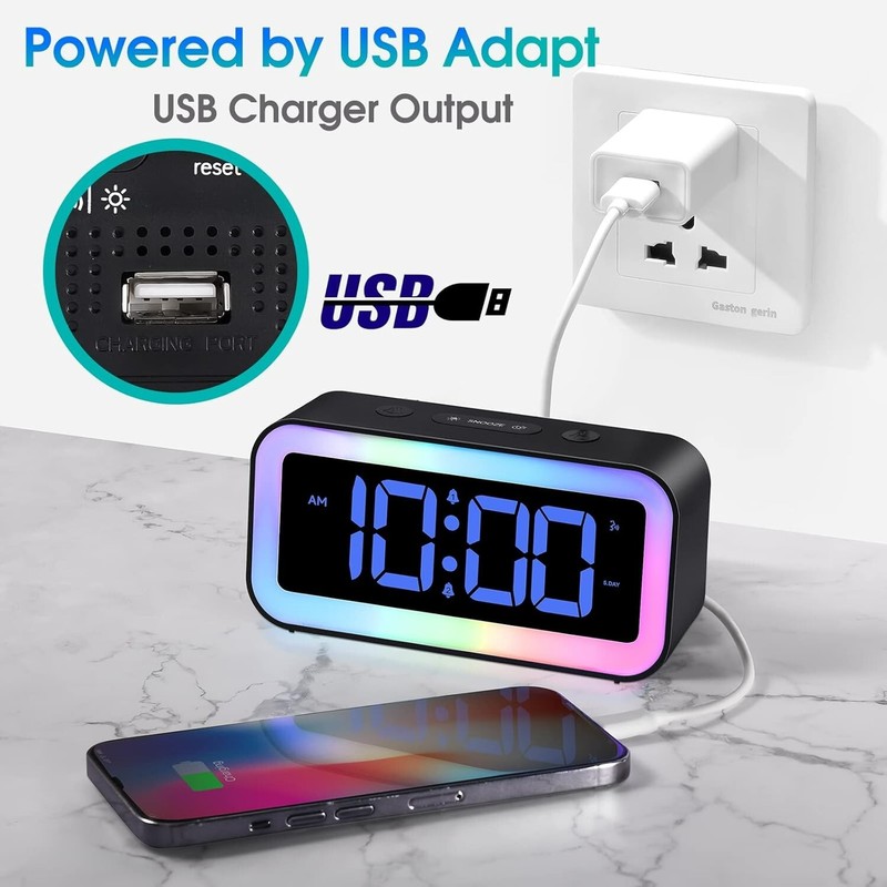 Compact USB Alarm Clock with Loud 95 dB Alarm & Adjustable RGB Display – Black gallery