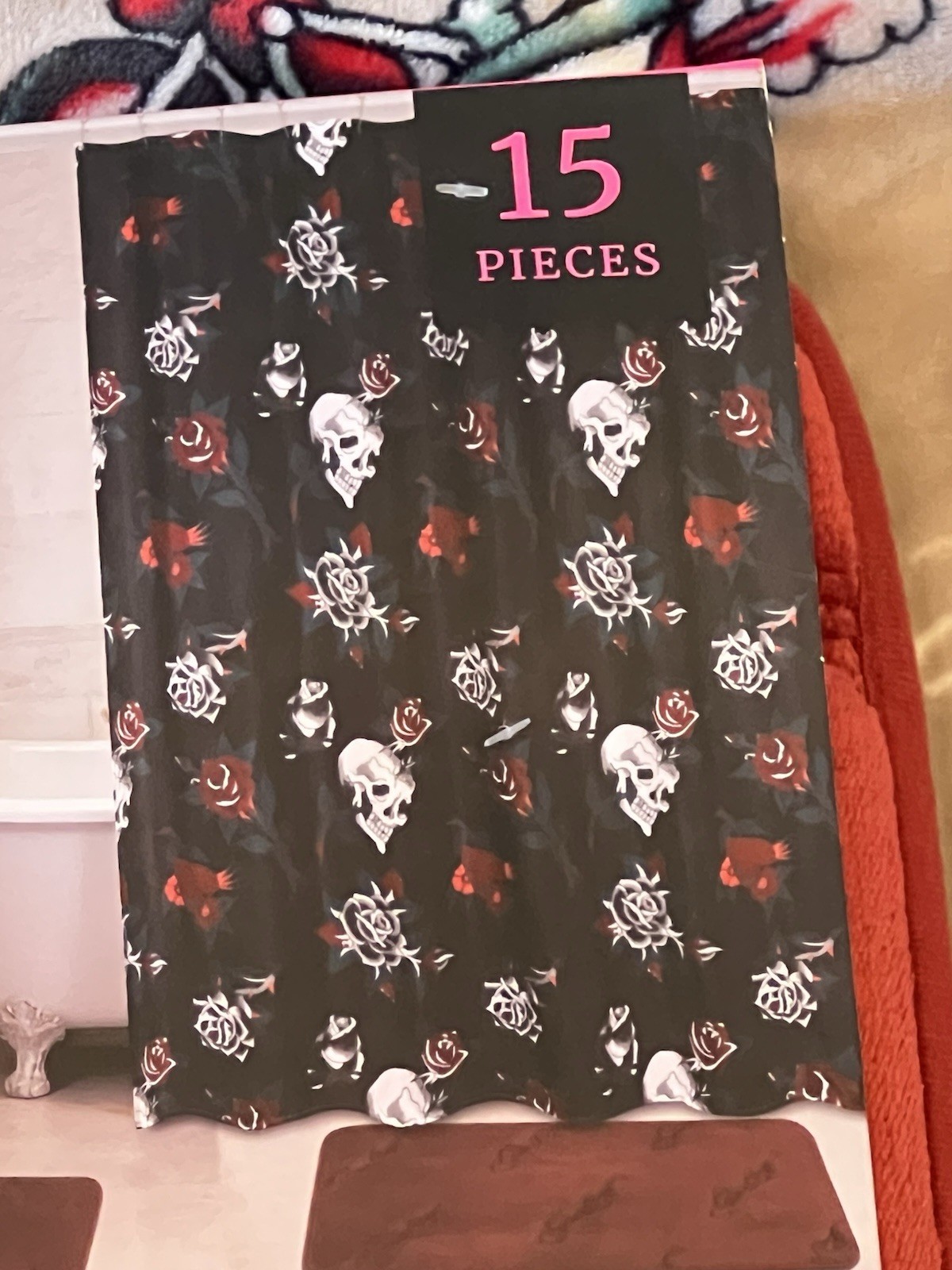 Ed Hardy 15pc Shower Curtain Set With Rugs Red&black Skull Roses Embossed New gallery