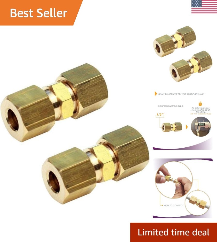 Durable 1/2” Brass Compression Fittings, Safe for Copper & Plastic - 2 Pack