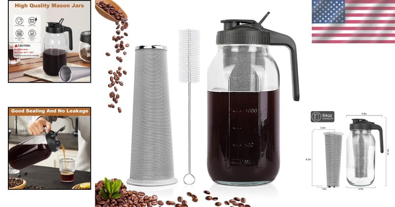 Cold Brew Coffee Maker Mason Jar Pitcher 64oz Iced Tea Lemonade Filter gallery