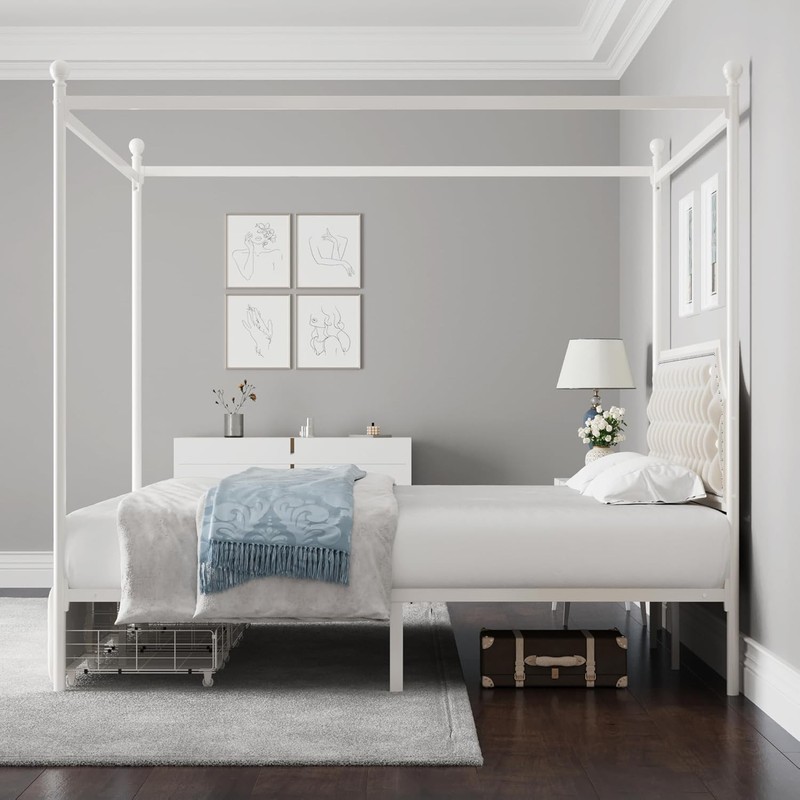 Queen Upholstered Canopy Bed Frame with 2 Drawers and Button Tufted Headboard... gallery