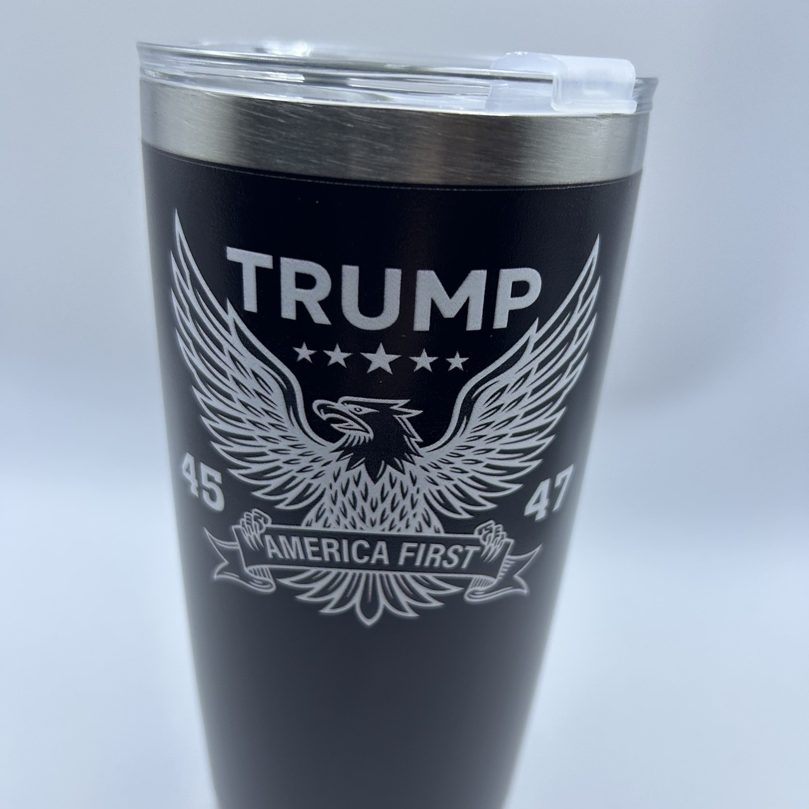 Trump 45 47 America First Eagle 20 oz Black & White Tumbler -New In Box gallery