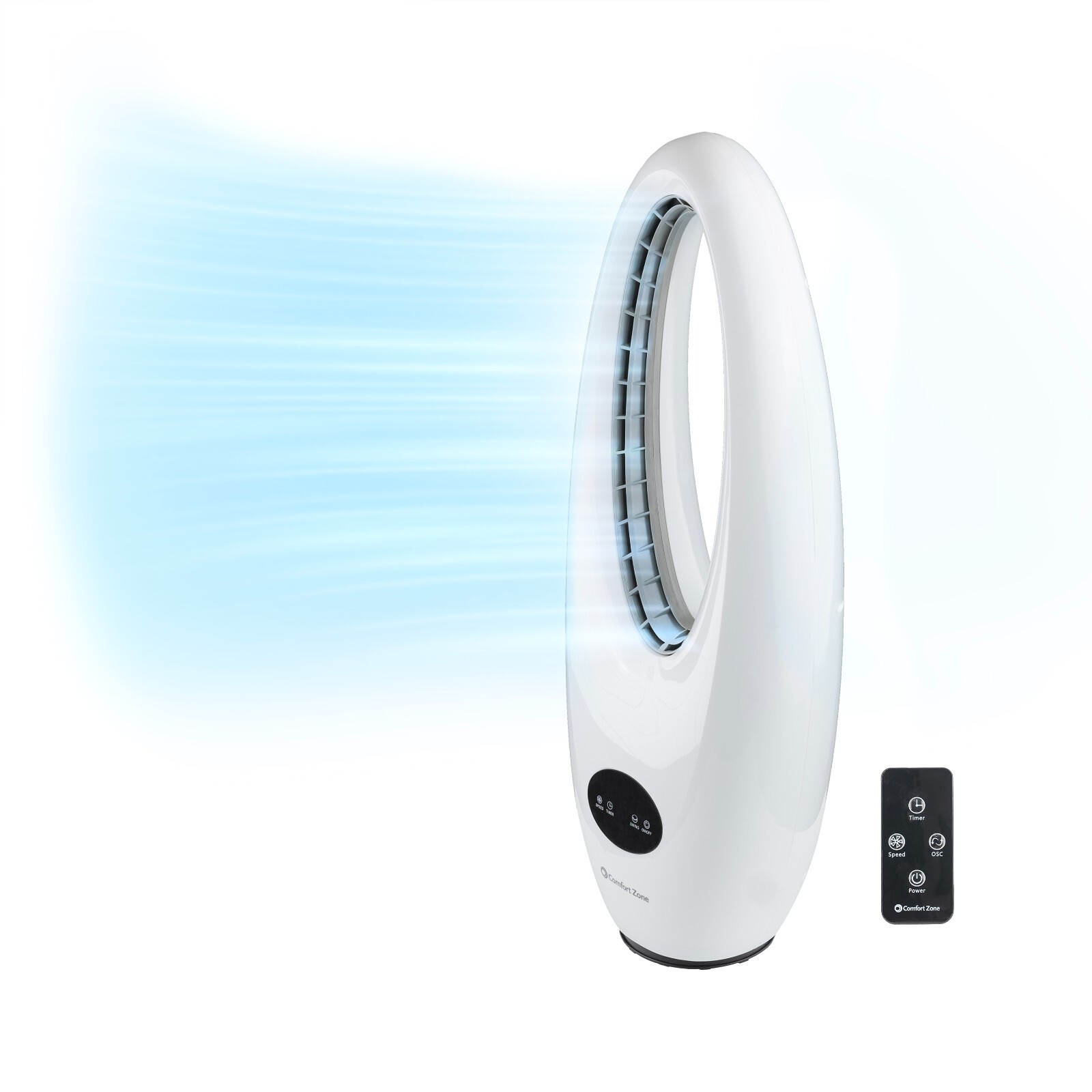 Comfort Zone 28" Oscillating Bladeless Tower Fan with Remote Control, 3-Speeds gallery