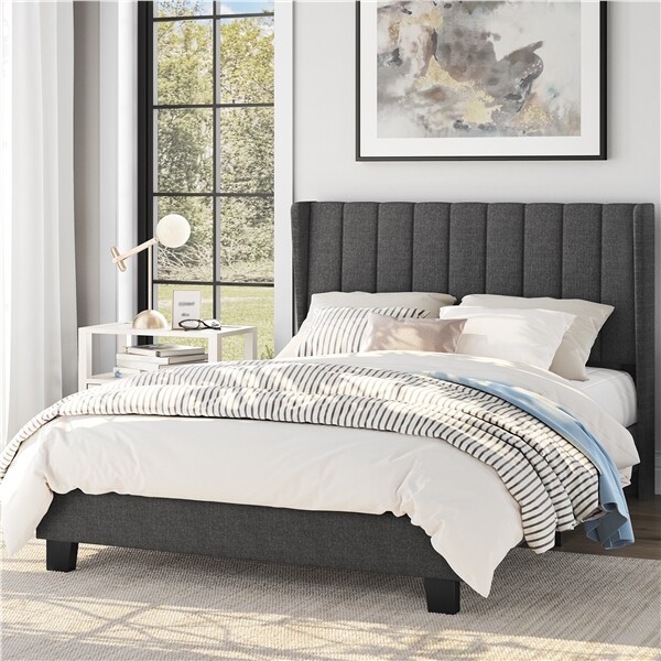 Full/Queen/King Upholstered Platform Bed Frame Tufted Headboard Gray/Blue/Beige gallery