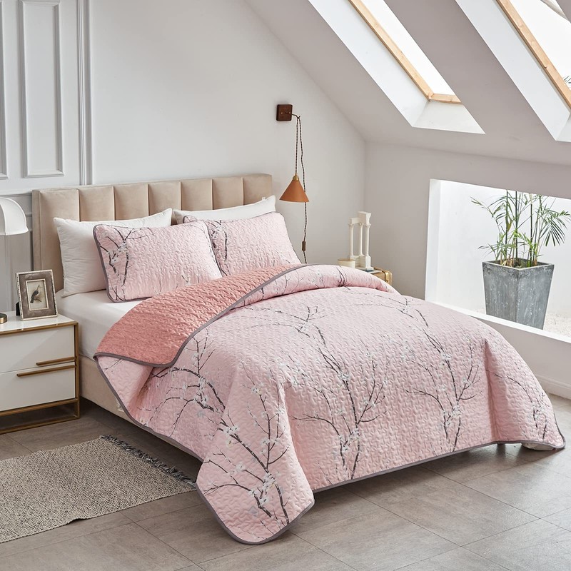 UOZZI BEDDING 3 Pieces Reversible Pink Branch Quilt Queen(88x88), gallery