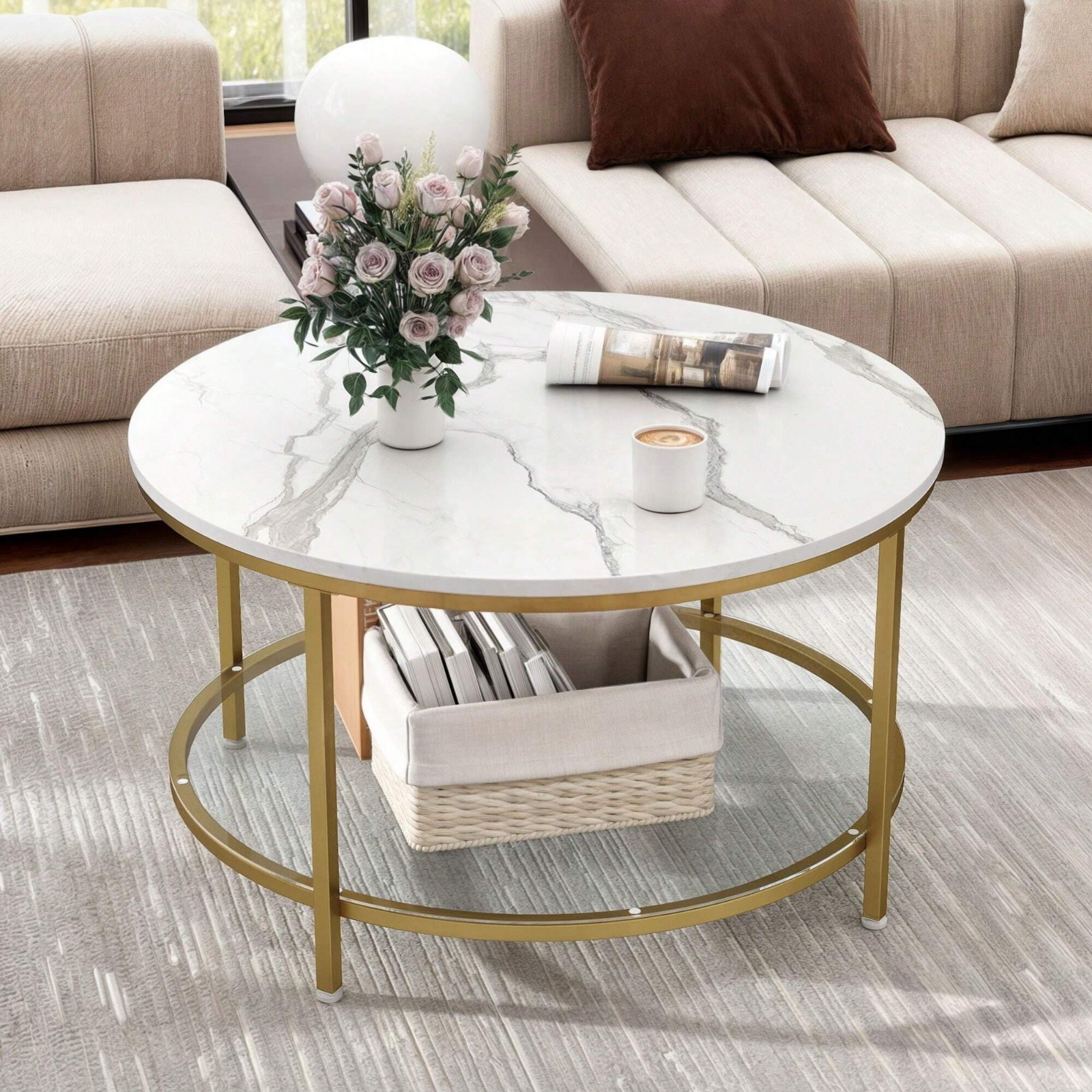 Modern Gold 2 Tier Round Coffee Table Faux Marble Glass Shelf Living Room Wood gallery