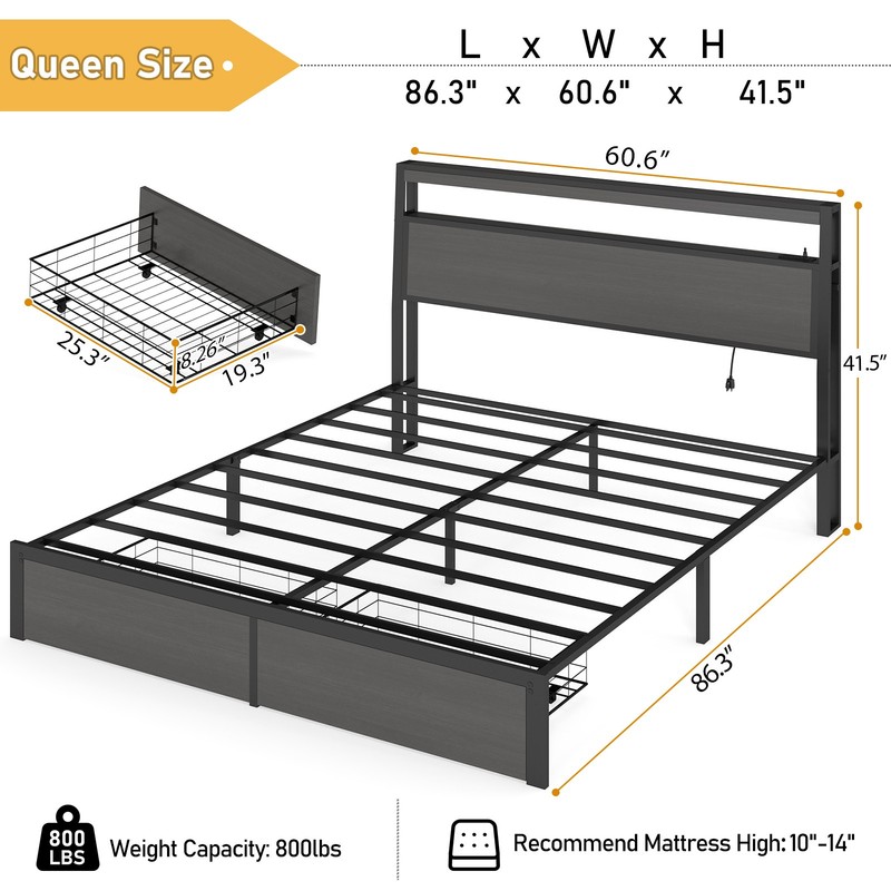 Queen Full Size Bed Frame with Storage Headboard &Charging Station＆ LED Lights gallery