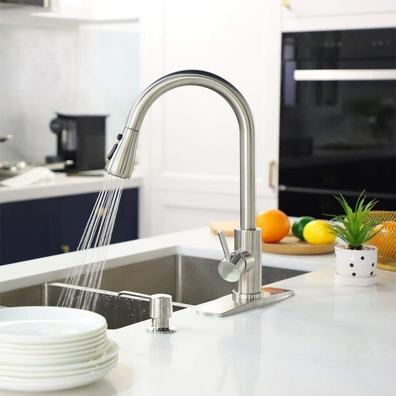 Kitchen Faucet Pull Down Sprayer Swivel Spout 3 Holes Brushed Nickel Mixer Tap gallery