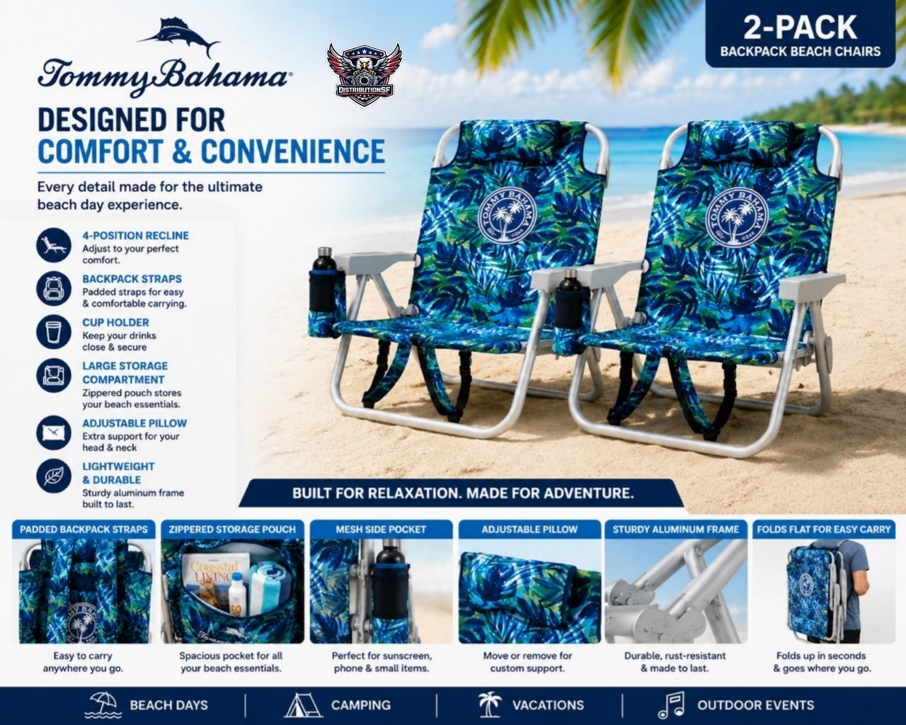 Tommy Bahama Backpack Beach Chair 2-Pack Folding Reclining Beach Chairs Cup gallery