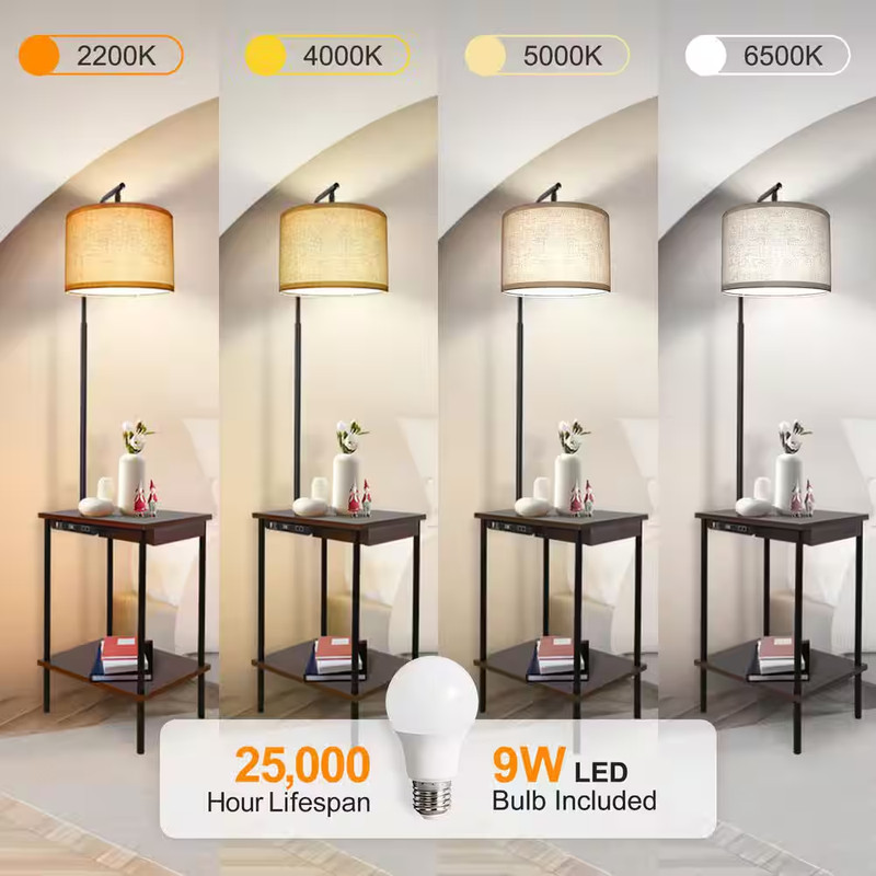 62 In. Walnut Dimmable Tray Table Standard Floor Lamp with USB Charging Port plu gallery