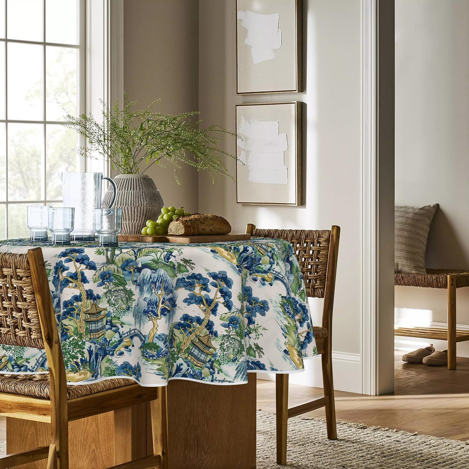 Decorativear Tablecloth 90×90 Inch Round, Seasonal House Trees Vintage Style Mou gallery