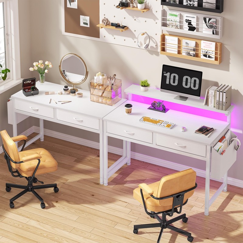 Small 32 Inch White Computer Desk with 2 Drawers LED Lights And Monitor Stand gallery