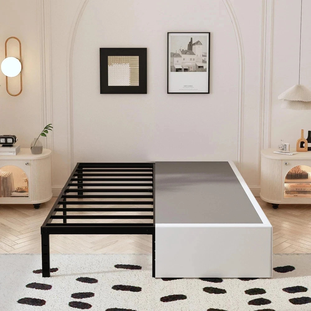 Bed Frame Queen 14 Inch 3000 lb Heavy Duty Metal Black Maenizi Size White Fabric gallery