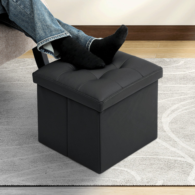 Faux Leather Black Storage Ottoman Classic Cube Seat Home Entryway Décor Benches gallery