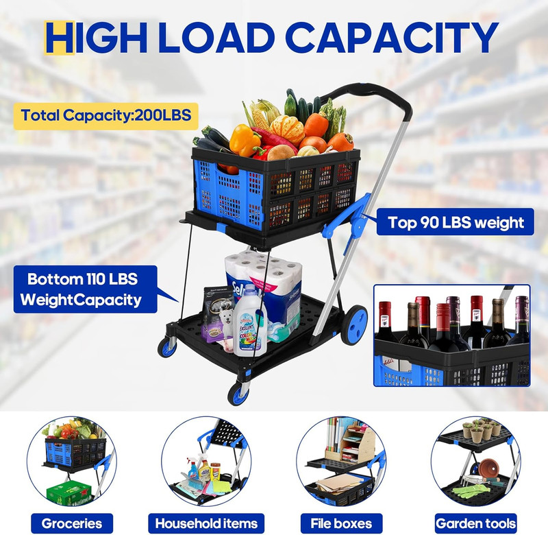 Multifunctional Folding Cart with Wheels,Two Layers Collapsible Utility Cart for gallery