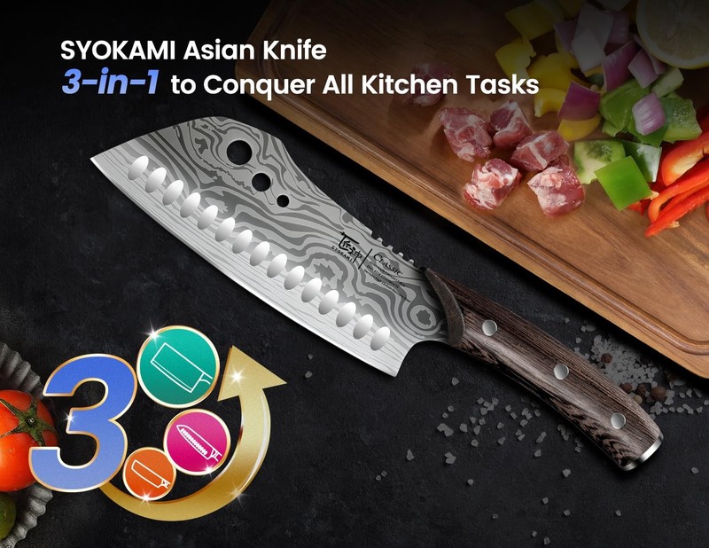 Cleaver Chef Knife with Herb Stripper, 7" Asian Kitchen Knife 3-in-1 Combined... gallery