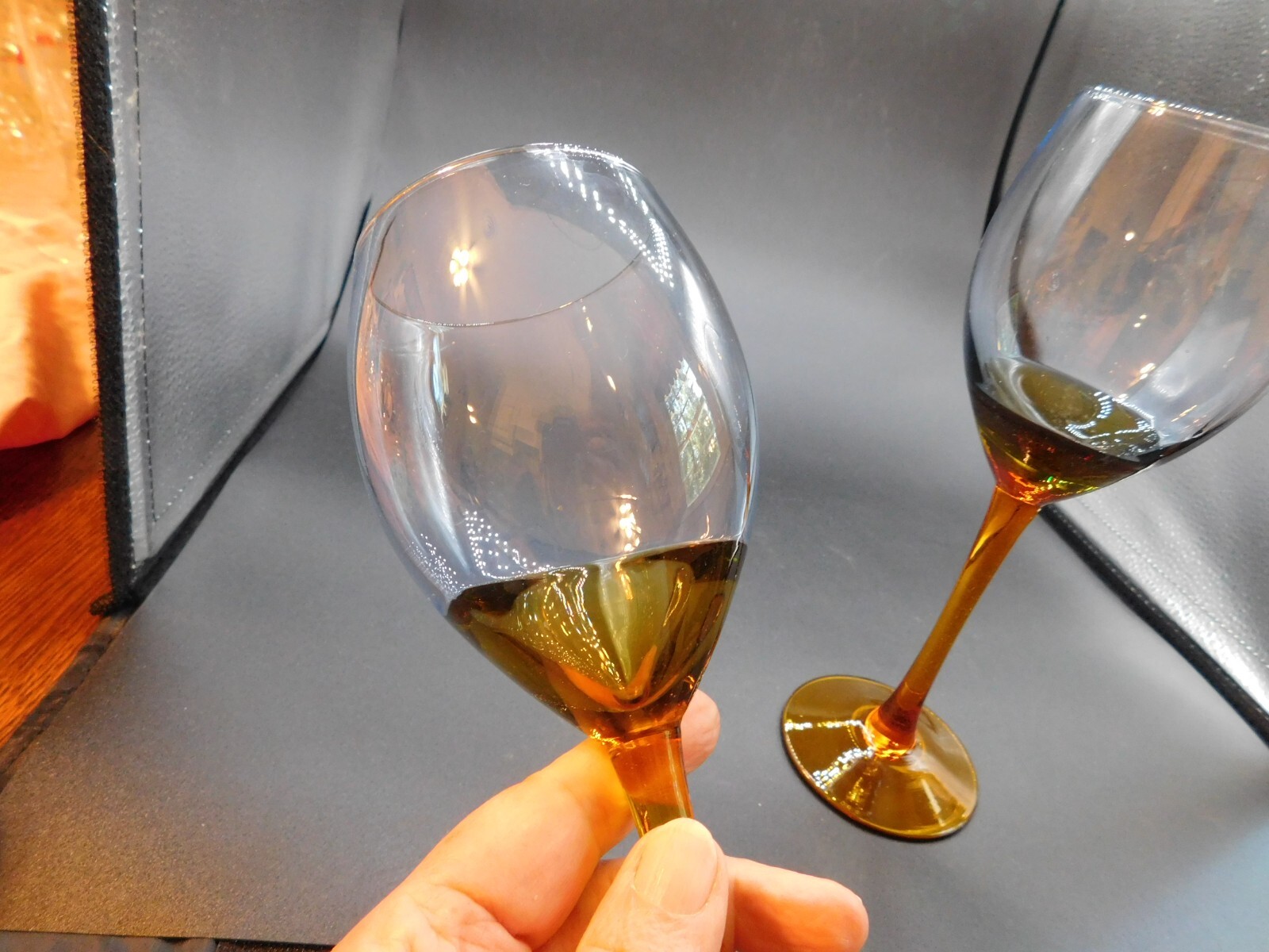 2 LONGSTEMMED GOBLETS, AMBER AND CLEAR. 9 1/4" TALL, 12 OUNCES gallery