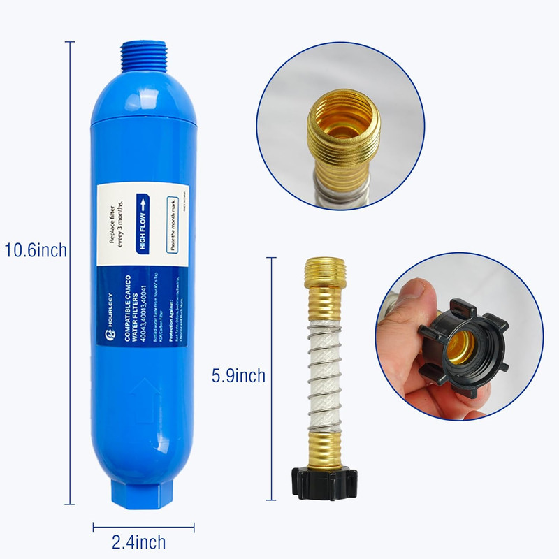 2 Pack RV Inline Water Filter with 2 Flexible Hose Protector, Reduce Bad Taste, gallery