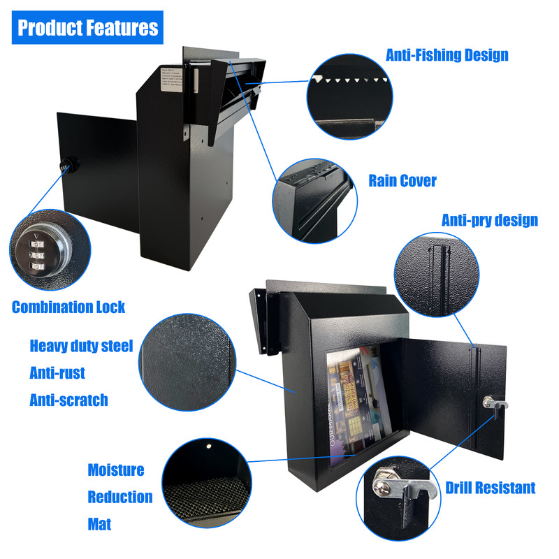 OPEN BOX Rainproof Through the Door Safe Mailbox with Combination Lock, Black gallery