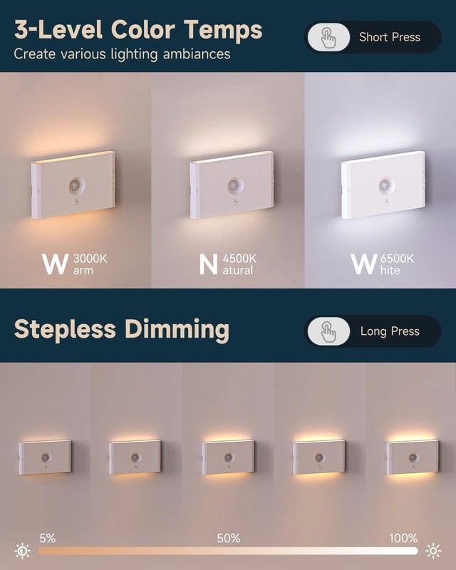 6-Pack Rechargeable Motion Stair Lights White, Dimmable Night Lights with 3 M... gallery
