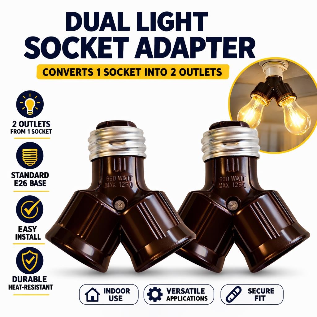 2 Pack Dual Light Socket Adapter Splitter E26 Standard Base 2 Outlet Lamp gallery