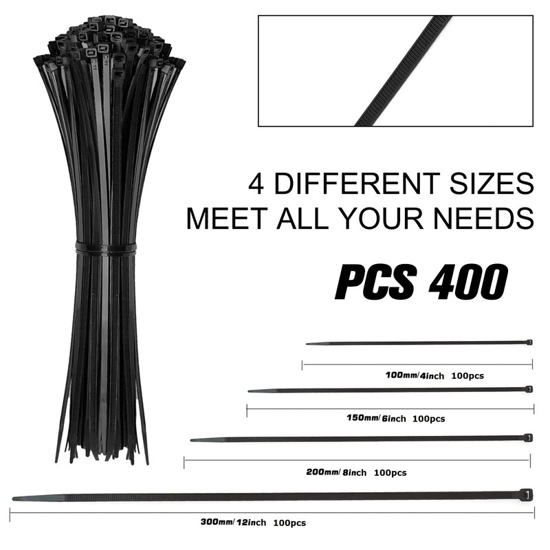Cable Zip Ties,400 Pack Black Assorted Sizes 4+6+8+12-Inch(400PCS Set), gallery