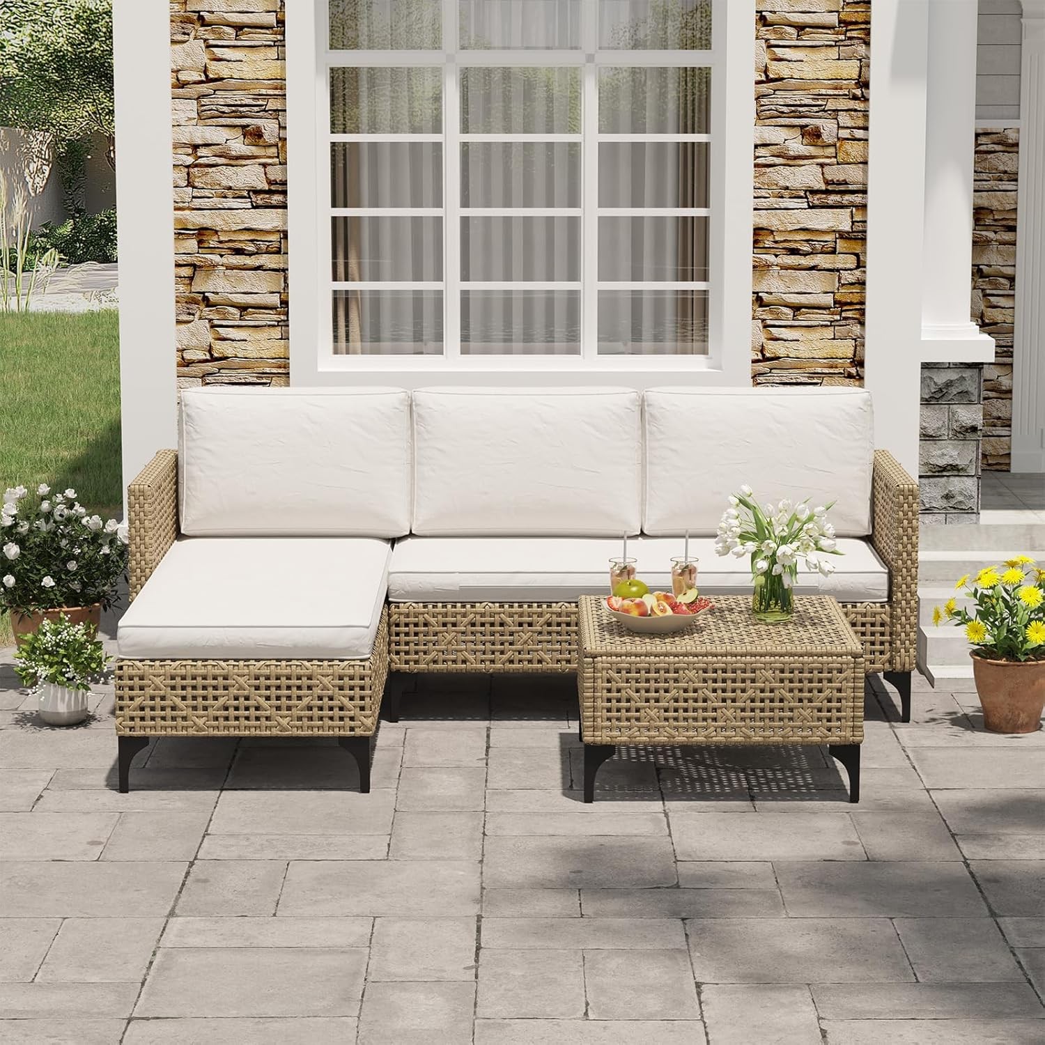 3 Piece Patio Wicker Sectional Set with Cushions & Coffee Table All Weather gallery
