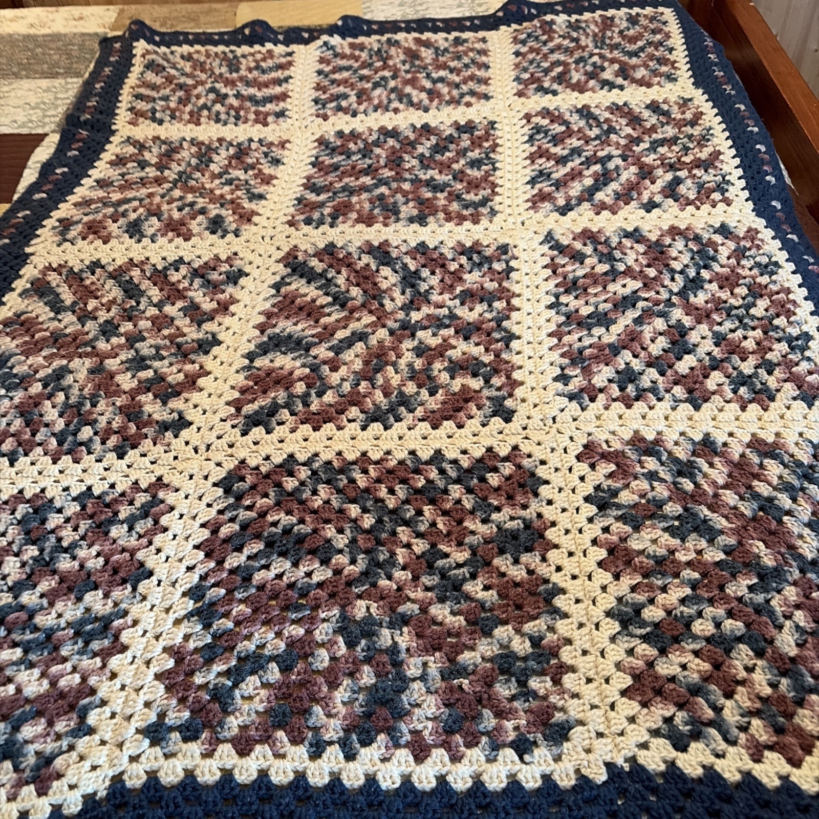 Handmade Vintage Large Crocheted Afghan 45”x63 Purple And Blues Item#1025 gallery