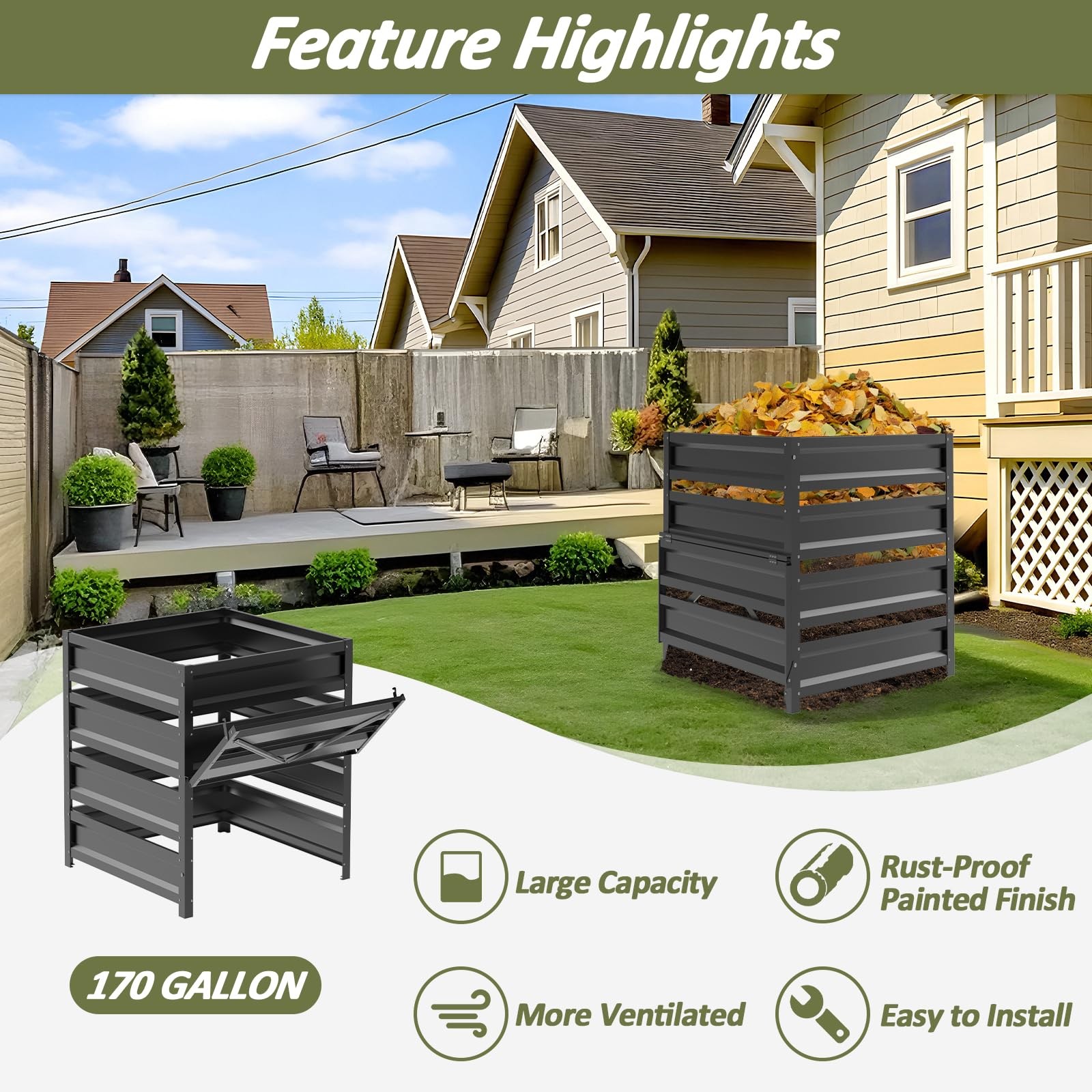 Trellume Compost Bin Outdoor 170 Gallon - 31.5(L)*31.5(W)*39.4(H)inch, black gallery