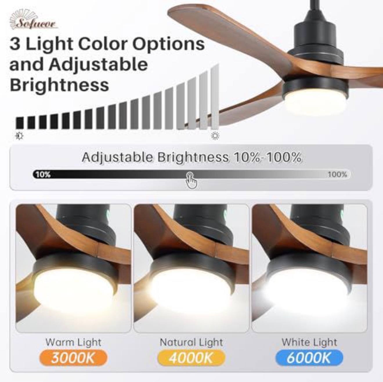 Large 52 in Ceiling Fan Indoor - Quiet DC Motor, Remote Control - Natural Wood gallery