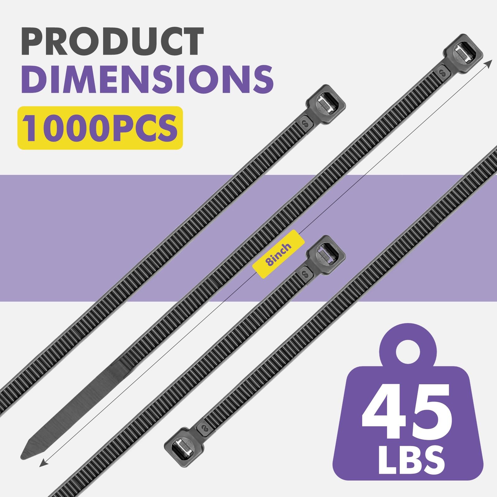 Black 8 Inch Zip Ties (100 Pack), 45LBS 8 inch 100 Pack （45 Lbs ）, gallery