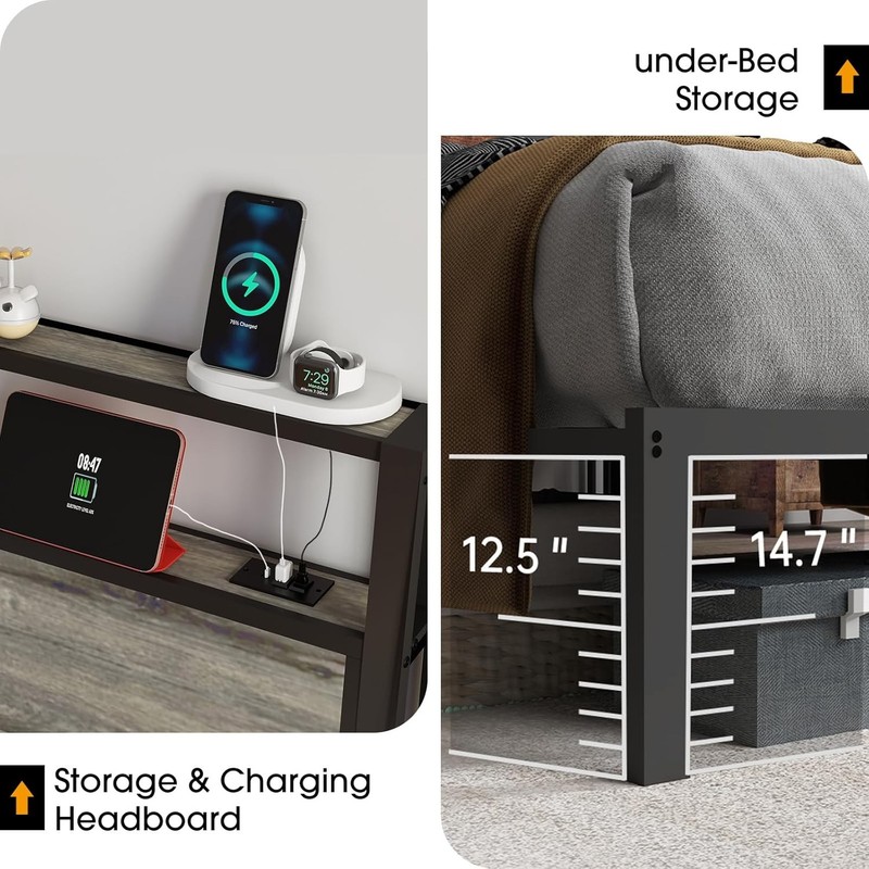 King Size Bed Frame with Charging Storage Headboard, Metal Platform Rustic Grey gallery