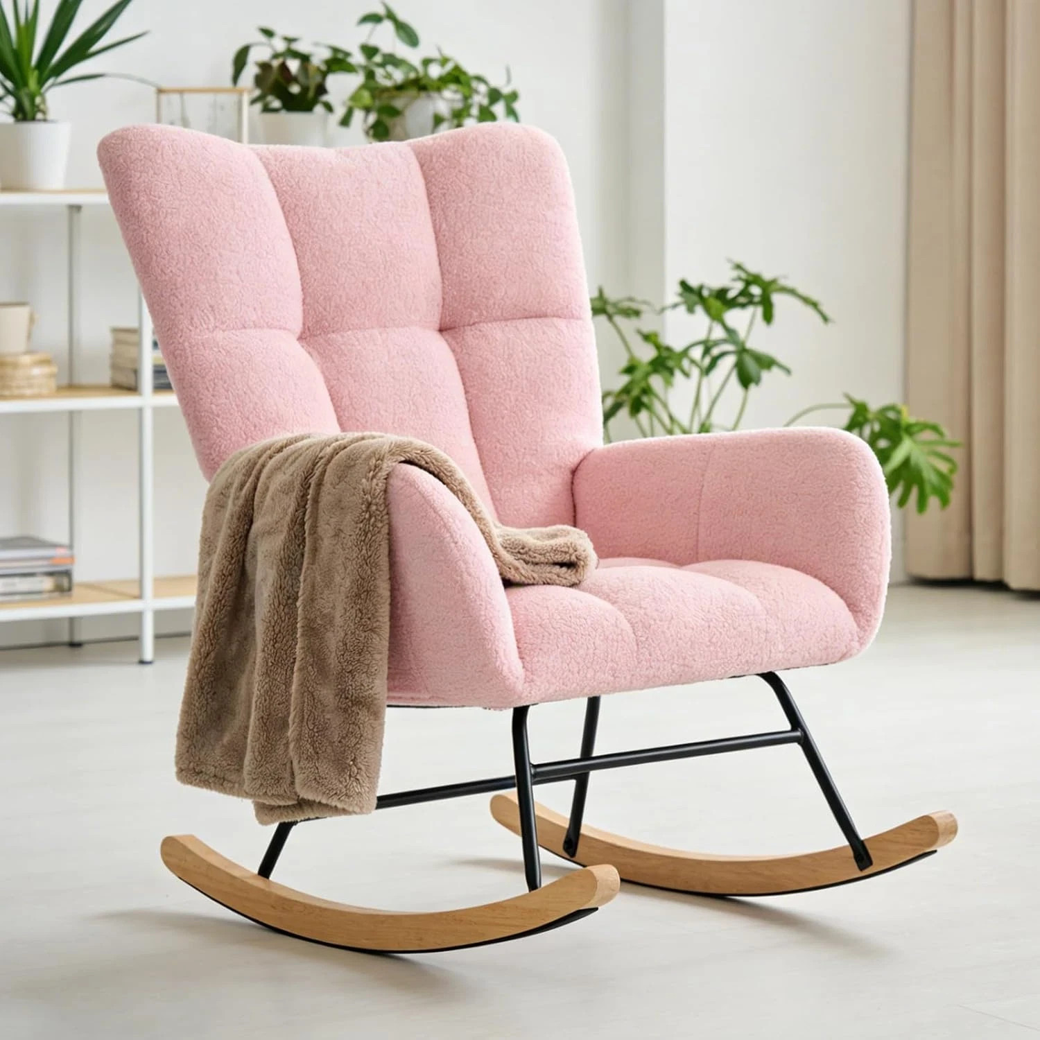 Gianna Rocking Chair with High Backrest, Teddy Upholstered Indoor Reading Glider gallery