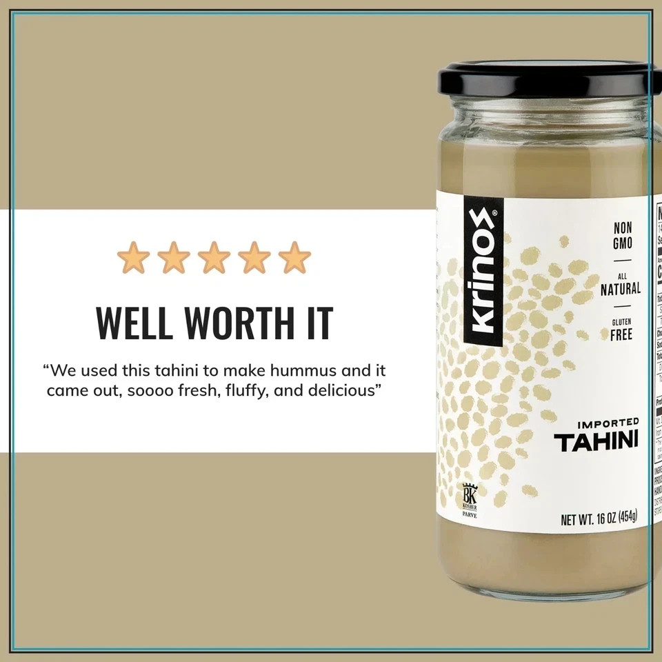 Krinos Imported Tahini, Velvety Texture, 16 oz Jar, Ground Sesame Seeds gallery