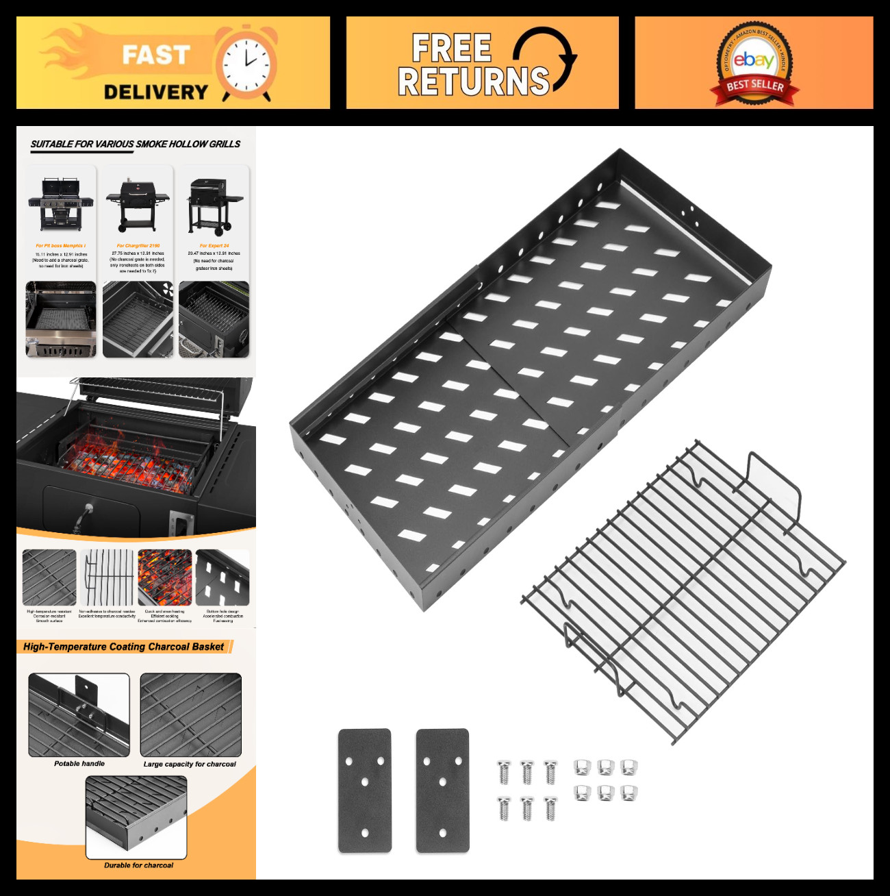 Stretchable Charcoal Tray 15-28 Inch for High-Temperature Grills, Replacement Ba gallery