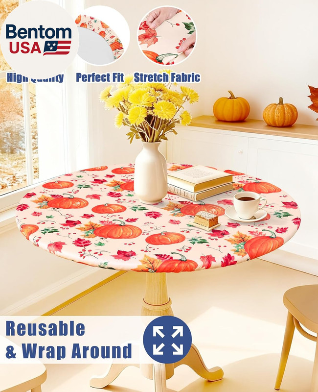 Round Spandex Thanksgiving Tablecloth, Elastic Fitted Waterproof Tablecloths for gallery