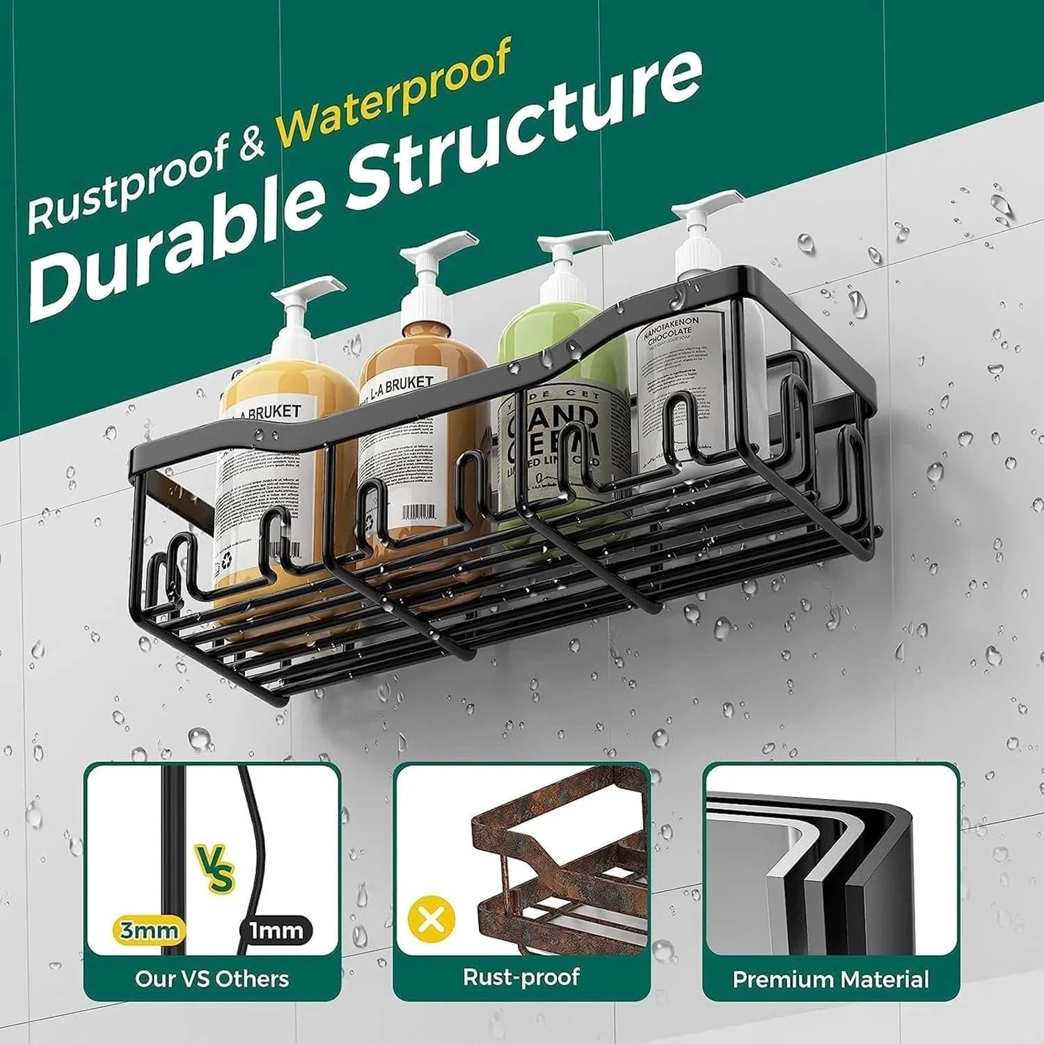 5 Pack/Set Shower Caddy Adhesive Shower Organizer for Bathroom & Kitchen | Black gallery