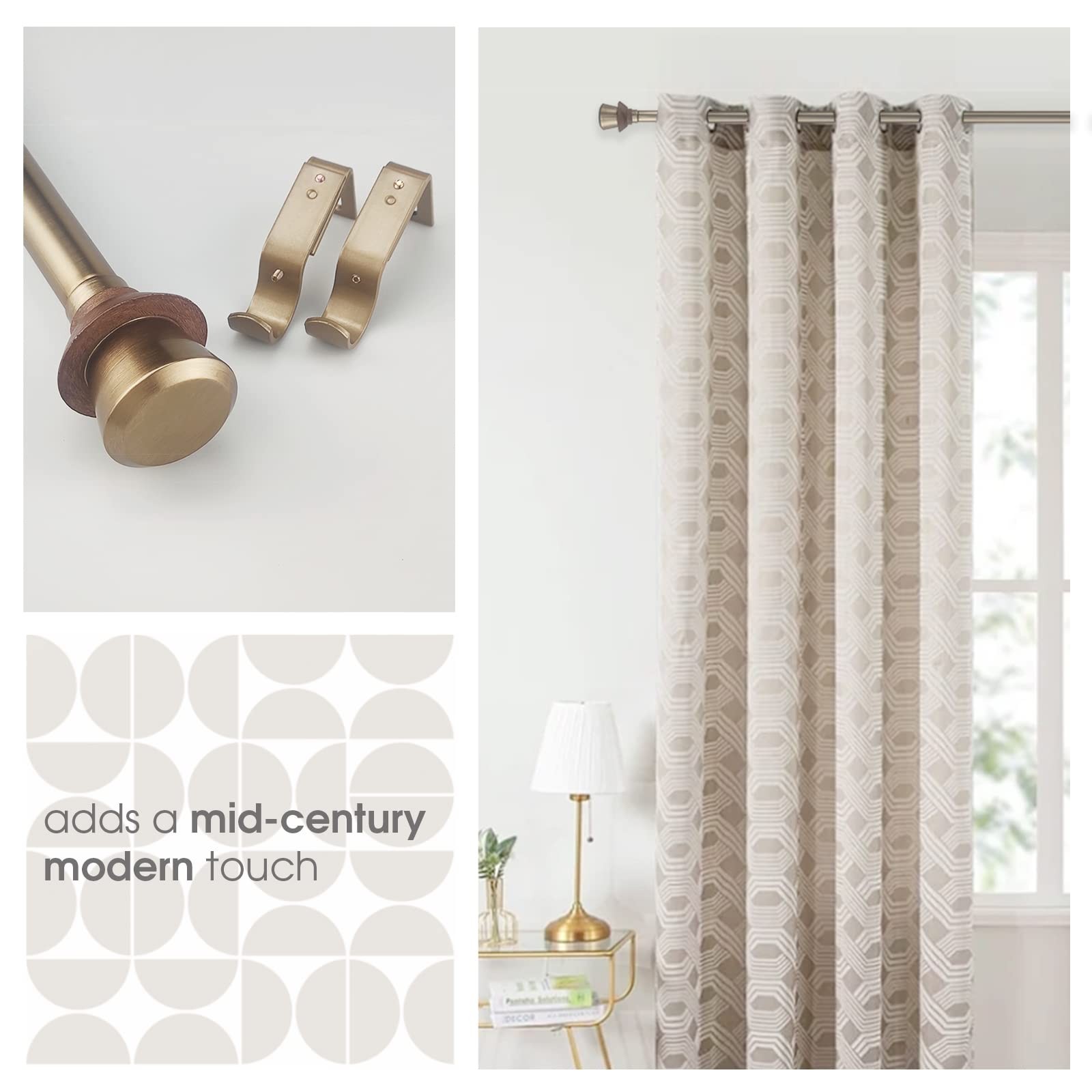Midcentury Modern Style Single Curtain Rod Set With Round Wood Look Finial72144 gallery
