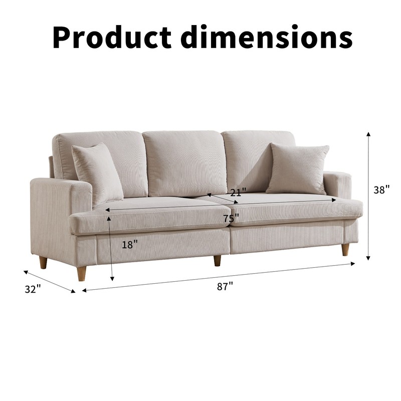 EBELLO 87" Sofa Couch with 2 Pillows, 3 Seater Corduroy Couch for Living Room gallery