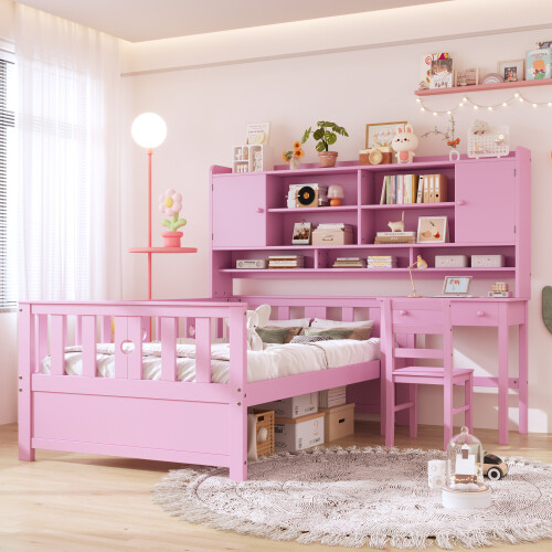 Multifunctional Wood Platform Bed Frames with Desk and Chair Storage Bookshelves gallery