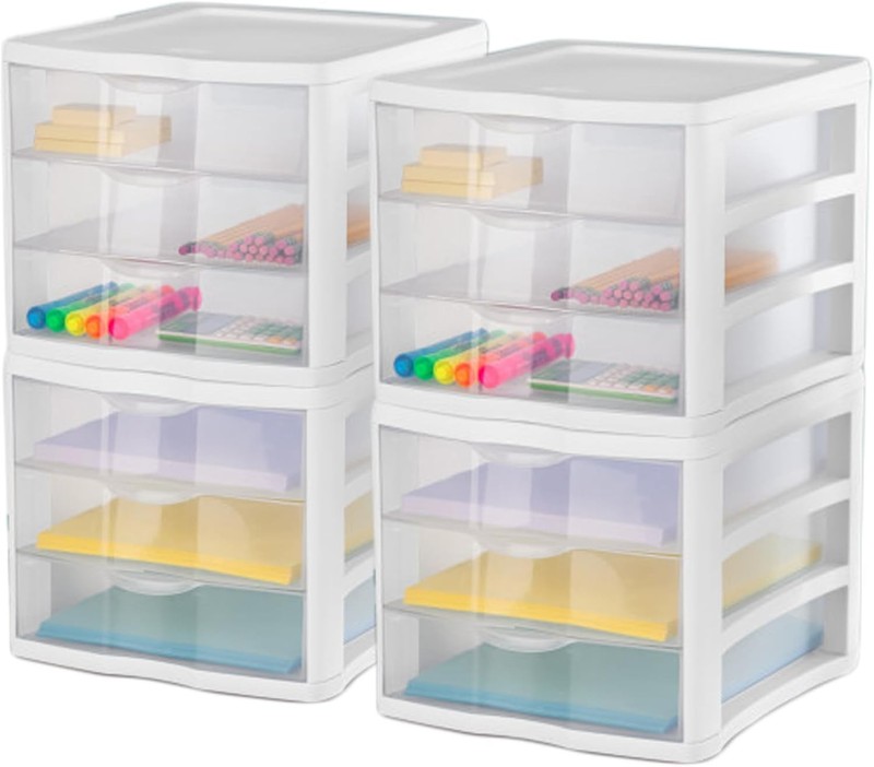 4-Pack 3 Drawer Unit, Stackable Plastic Organizer with Drawers,White Frame-Multi gallery