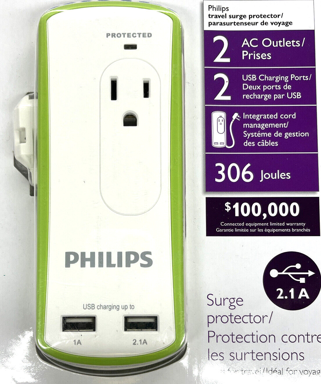 New PHILIPS Protected 2 AC Outlets/2 USB Charging 1A/2.1A- 120V/13A/1560W gallery