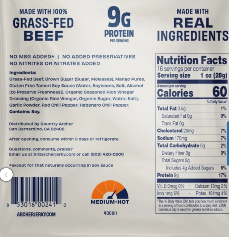 Archer Grass-Fed Beef Jerky Snack, Mango Habanero 16 oz, EXP 03/24/2027 gallery