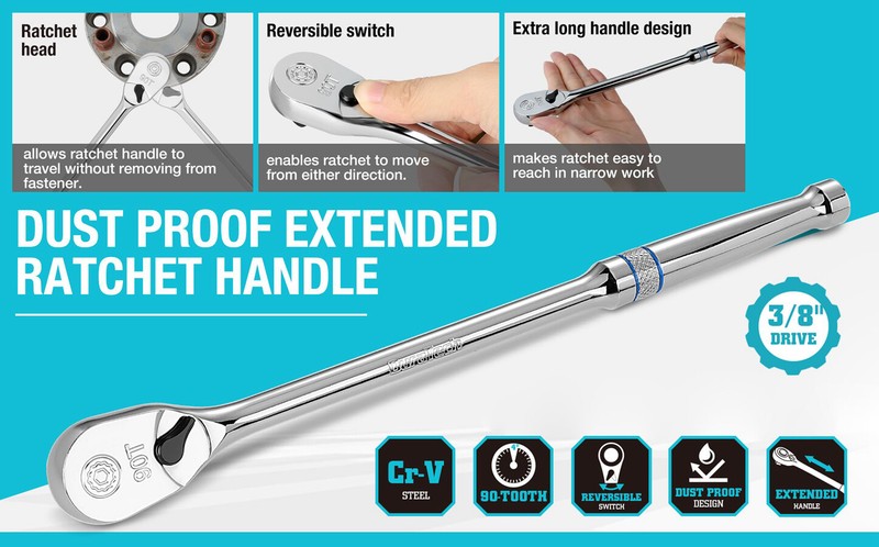 DURATECH Extra Long Handle 3/8-Inch Drive Ratchet, 90-Tooth with 12" Handle gallery